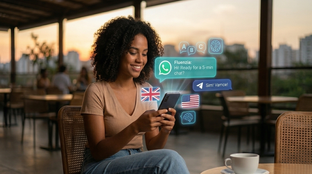 Pessoa conversando com IA Fluenzia no café
